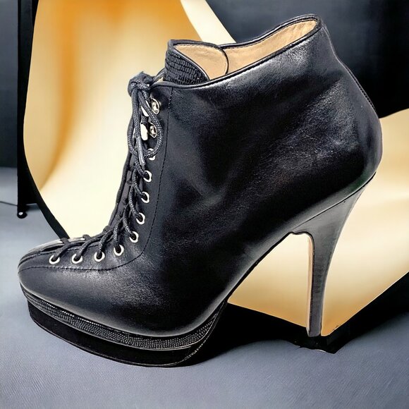 Ann‎ Taylor Axia Black Leather Platform Corset Stiletto Booties **NWOB